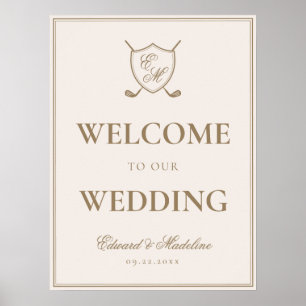 Elegant Crest Monogram Golf Wedding Welcome Poster