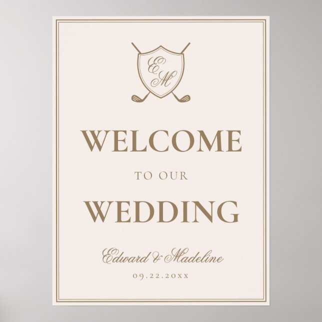 Elegant Crest Monogram Golf Wedding Welcome Poster (Front)