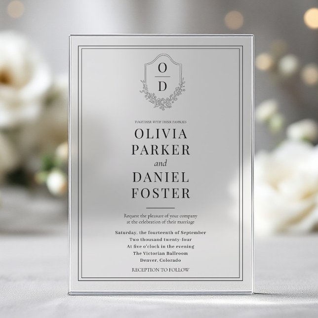 Elegant Crest Monogram Modern Wedding Acrylic Invitations (Creator Uploaded)