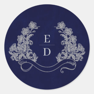 Elegant Crest Monogram Navy Heritage Wedding Classic Round Sticker