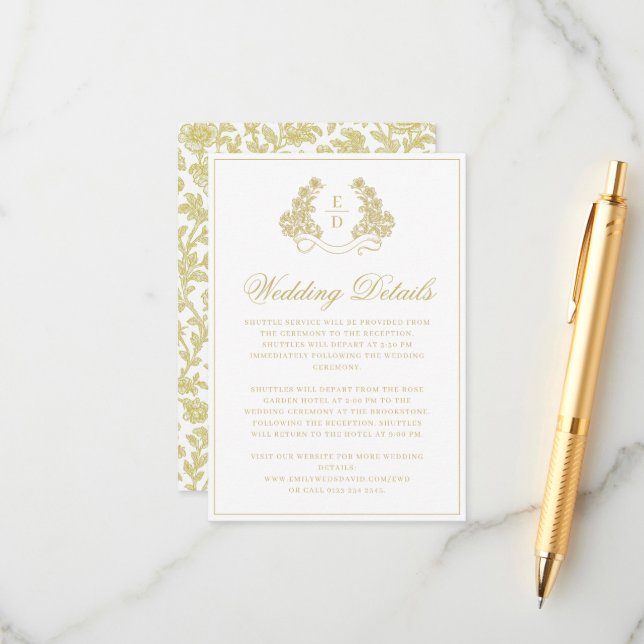Elegant Crest Monogram Navy Heritage Wedding Enclosure Card (Front/Back In Situ)