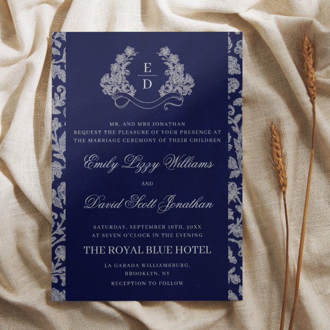 Elegant Crest Monogram Navy Heritage Wedding Invitation (Creator Uploaded)