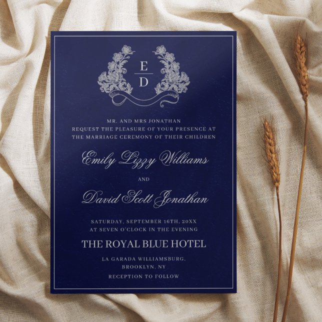 Elegant Crest Monogram Navy Heritage Wedding Invitation (Creator Uploaded)