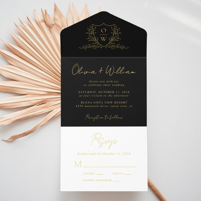 Elegant Crest Monogram Script Black Wedding All In All In One Invitation (Creator Uploaded)