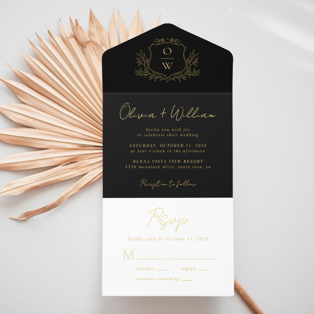 Elegant Crest Monogram Script Black Wedding All In One Invitation (Creator Uploaded)