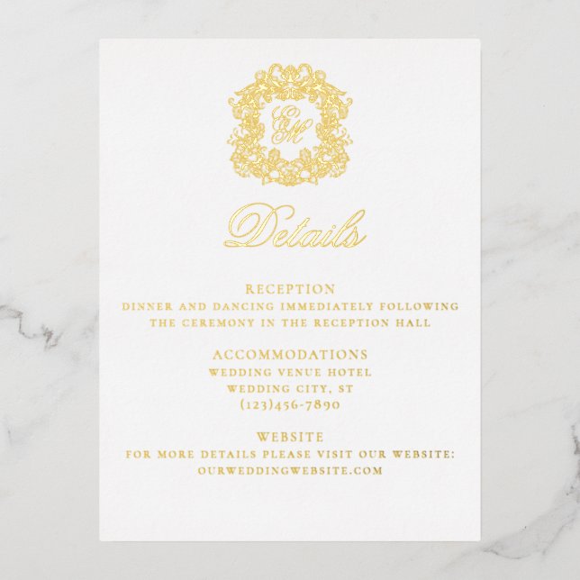 Elegant Crest Monogram Wedding Details Card (Front)