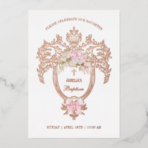 Elegant Crest Pink Bow Baptism Rose Gold