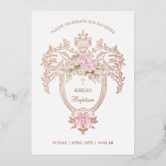 Elegant Crest Pink Bow Baptism Rose Gold (Front)
