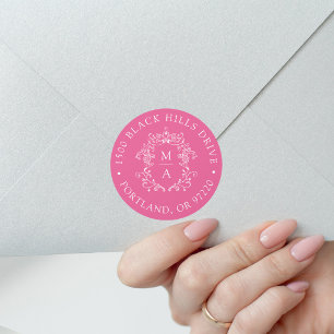 Elegant Crest Pink Wedding Return Address Classic Round Sticker