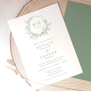Elegant Crest Sage Green Classic Formal Wedding Invitation