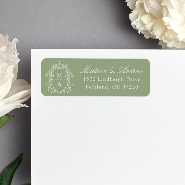 Elegant Crest Sage Green Monogram Wedding Address (Creator Uploaded)