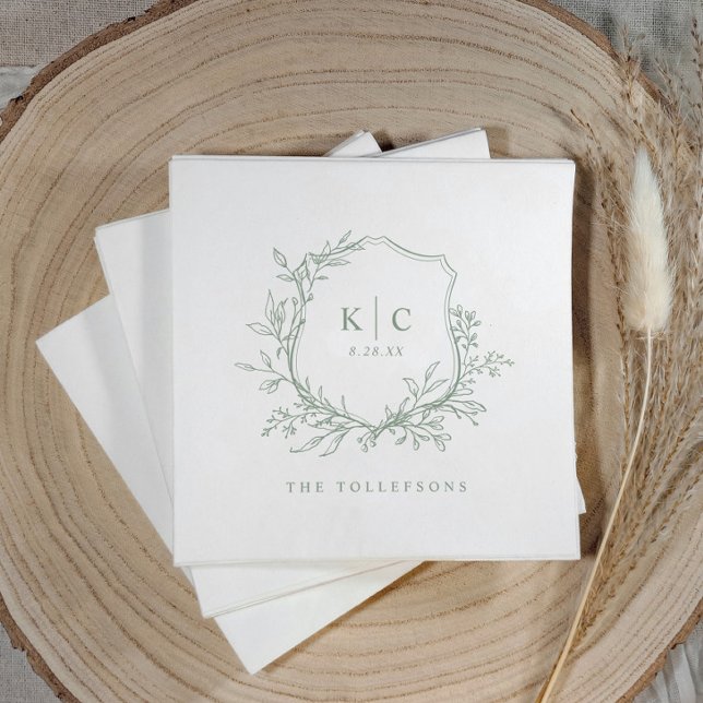 Elegant Crest Sage Green Wedding Logo Napkin (Elegant sage green wedding logo napkins with classic crest, initials, and simple traditional design)