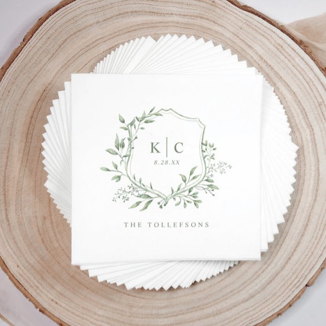 Elegant Crest Sage Watercolor Wedding Logo Napkin (Elegant sage green wedding napkin with hand-painted watercolor crest and initials)