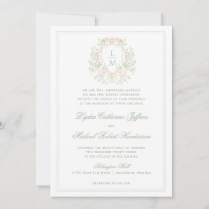 Elegant Crest w/ Blush Pink Bow Monogram Wedding Invitation