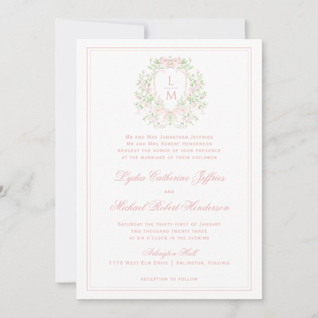 Elegant Crest w/ Blush Pink Bow | Monogram Wedding Invitation (Front)