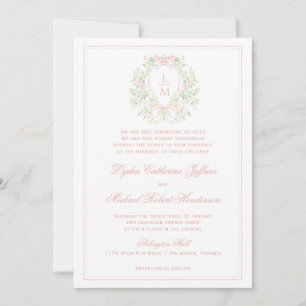 Elegant Crest w/ Blush Pink Bow Monogram Wedding Invitation
