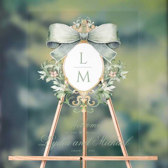Elegant Crest w/ Green Bow Wedding Welcome Acrylic Sign (Neutral)
