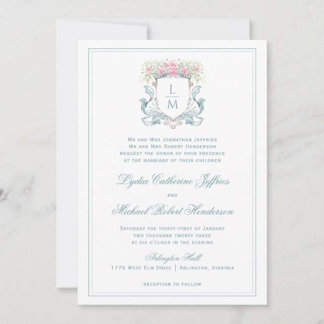 Elegant Crest w/ Roses | Monogram Wedding Invitation (Front)