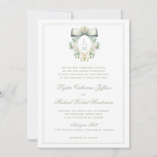 Elegant Crest w/ Sage Green Bow Monogram Wedding Invitation