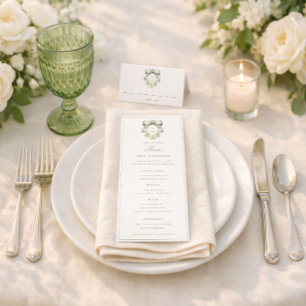 Elegant Crest w/ Sage Green Bow Monogram Wedding Menu