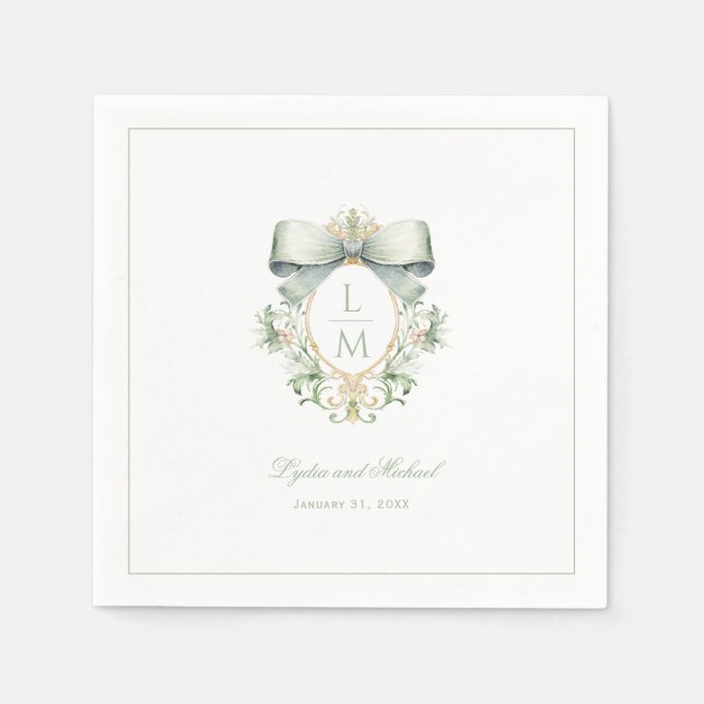 Elegant Crest w/ Sage Green Bow | Monogram Wedding Napkin (Front)