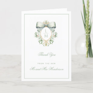 Elegant Crest w/ Sage Green Bow   Monogram Wedding Thank You Card