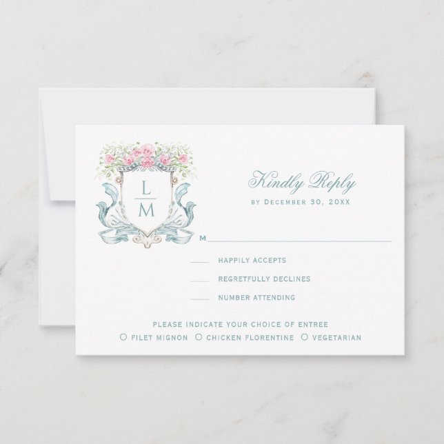 Elegant Crest with Roses RSVP Response Card (Front)