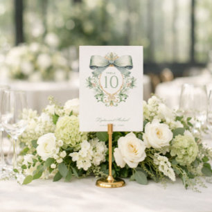 Elegant Crest with Sage Green Bow Table Number