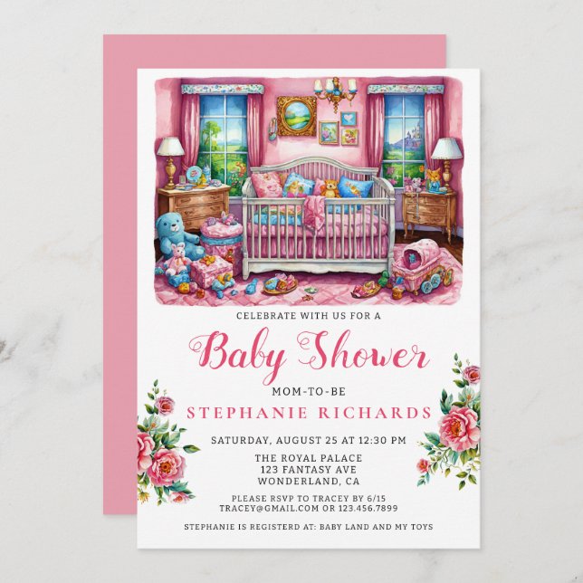 Elegant Crib Pink Nursery Room Baby Shower Invitation (Front/Back)