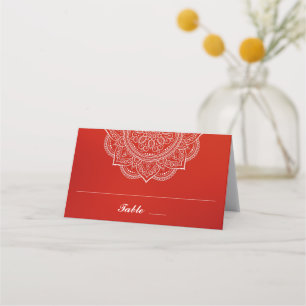 Elegant Crimson and White Paisley Indian Wedding Place Card