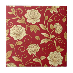 Elegant Crimson Floral Vine Pattern Tile