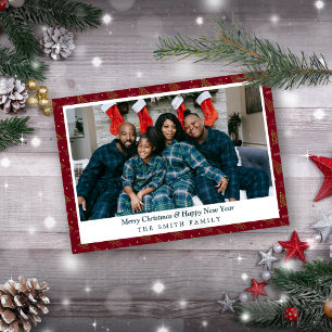 Elegant Crimson Red Christmas Greetings with Photo Holiday Card
