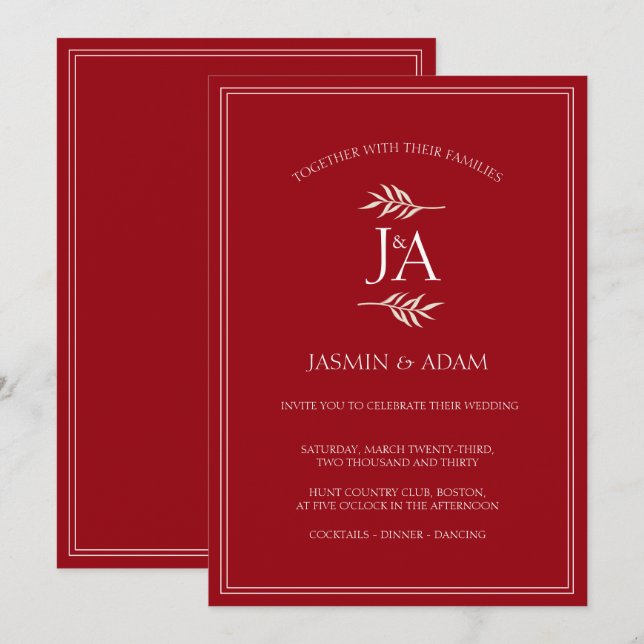 Elegant Crimson Red Classic Monogram Wedding  Invitation (Front/Back)