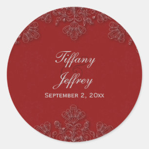 Elegant crimson red floral swirls wedding stickers