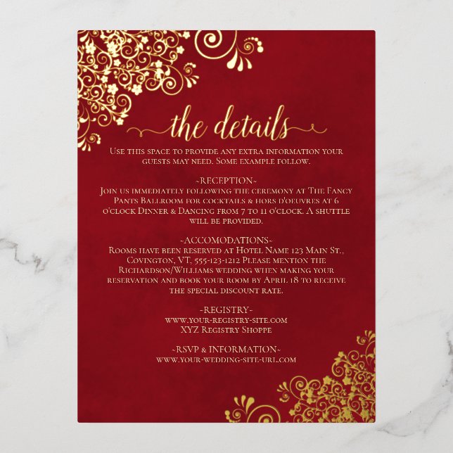 Elegant Crimson Red Gold Foil Wedding Details Card (Front)