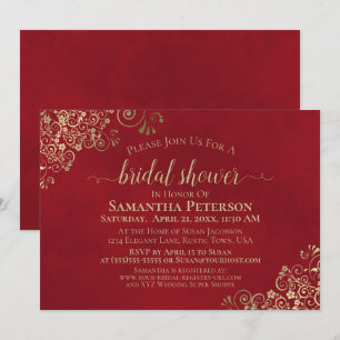 Elegant Crimson Red & Gold Lace Bridal Shower Invitation