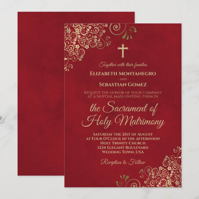 Elegant Crimson Red & Gold Modern Catholic Wedding Invitation (Front/Back)