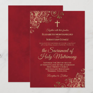 Elegant Crimson Red & Gold Modern Catholic Wedding Invitation