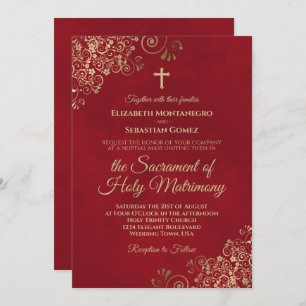 Elegant Crimson Red & Gold Modern Catholic Wedding Invitation