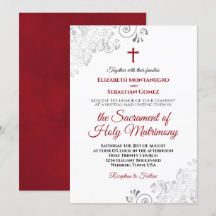 Elegant Crimson Red & Grey Modern Catholic Wedding Invitation