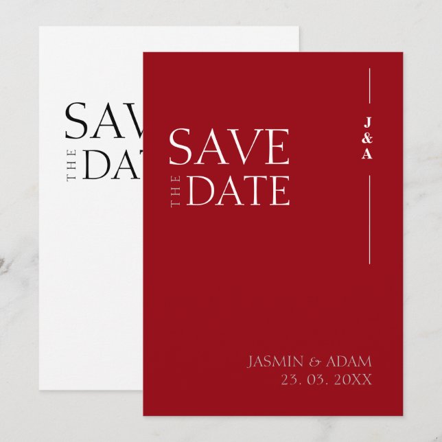 Elegant Crimson Red Minimalist Monogram Wedding Save The Date (Front/Back)
