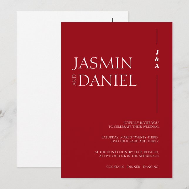 Elegant Crimson Red Monogram Initials Wedding Invitation (Front/Back)