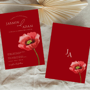 Elegant Crimson Red Poppy Monogram Wedding Invitation
