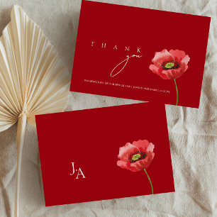 Elegant Crimson Red Poppy Monogram Wedding Thank You Card