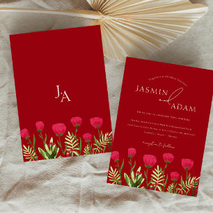 Elegant Crimson Red Wildflower Monogram Wedding Invitation
