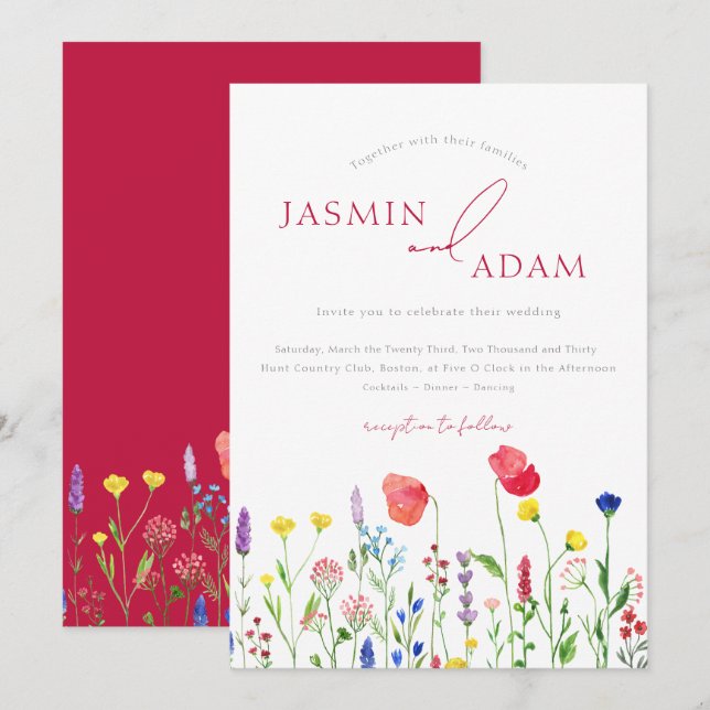 Elegant Crimson Red Wildflowers Wedding Invitation (Front/Back)