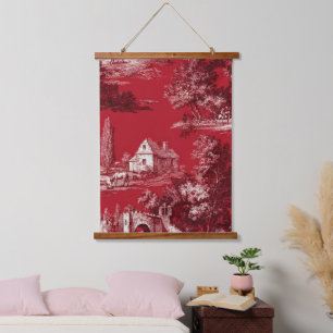 Elegant Crimson Toile - French Countryside Motifs Hanging Tapestry