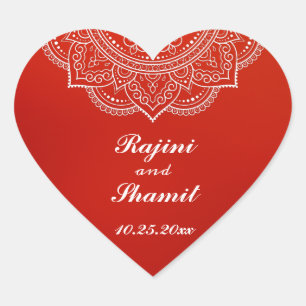 Elegant Crimson White Indian Paisley Wedding Heart Sticker