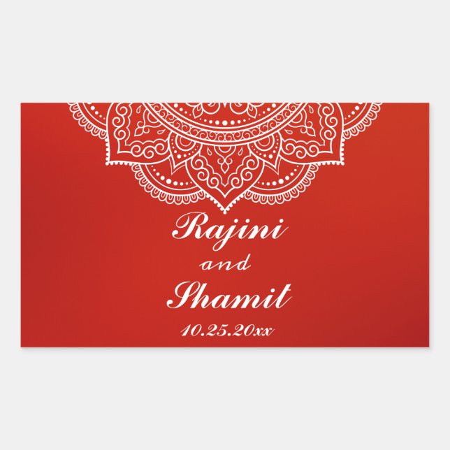Elegant  Crimson White Indian Paisley Wedding  Rectangular Sticker (Front)