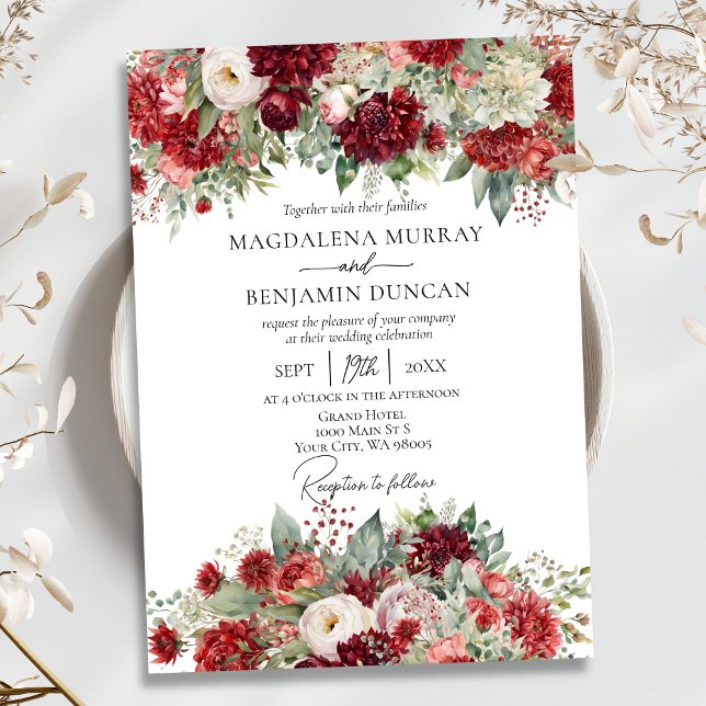 Elegant Crimson Wine Red Mums Flowers Wedding Invitation (Creator Uploaded)